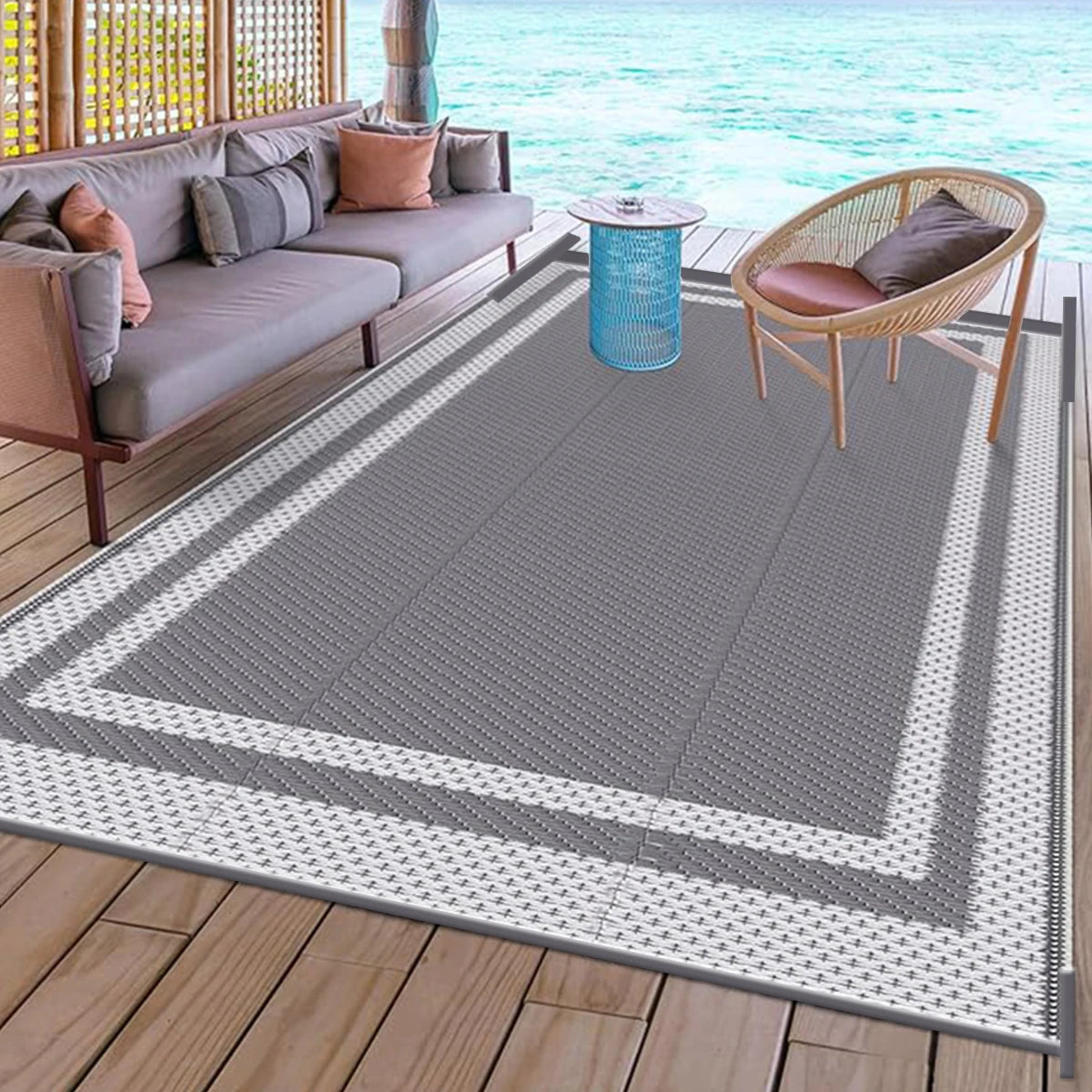 6x9 Outdoor Ground Mat with Pegs | Gray Grid Patio & Camping