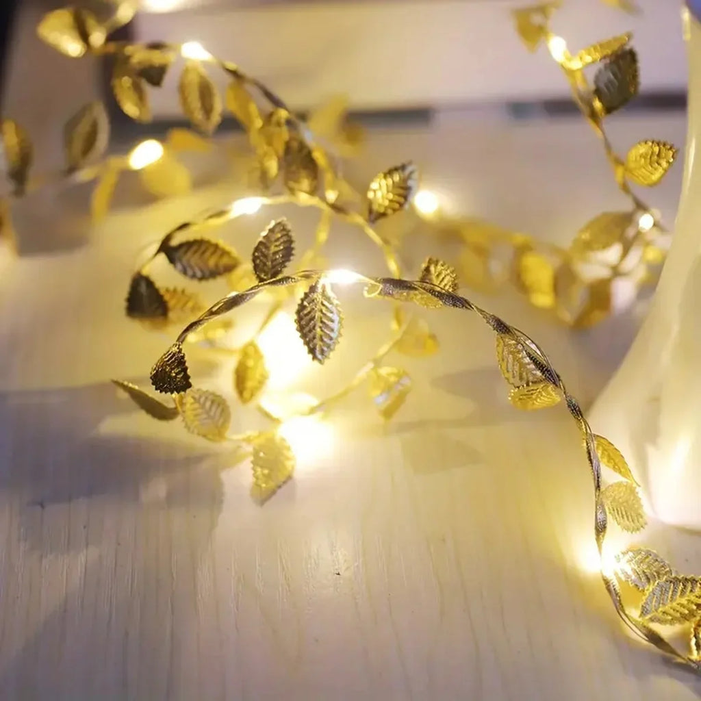 20LED Golden Tiny Leaves Copper Wire String Lights Battery Powered Fairy Lights for Home Wedding Party Christmas DIY Decoration