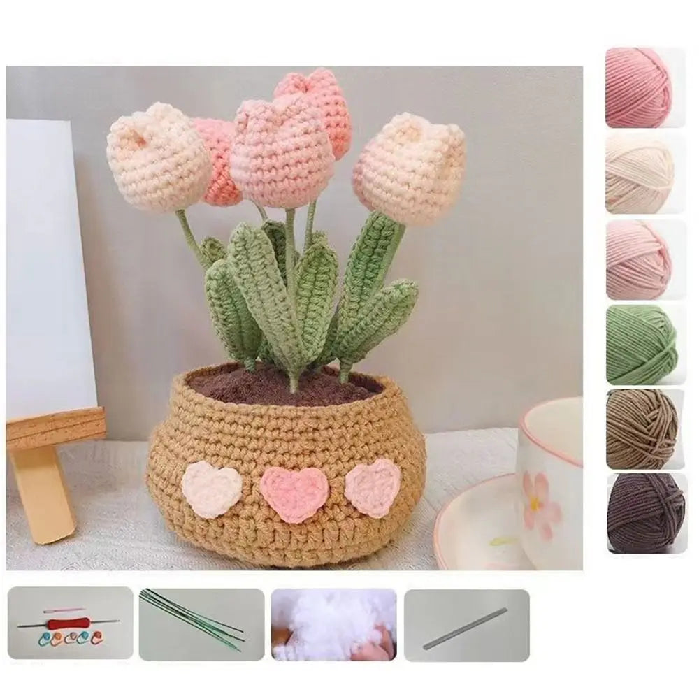 Handmade Crochet Sunflower Tulip Woven Non-finished products Potted Plants for Adults and Kids Crochet Starter Knitting Kit