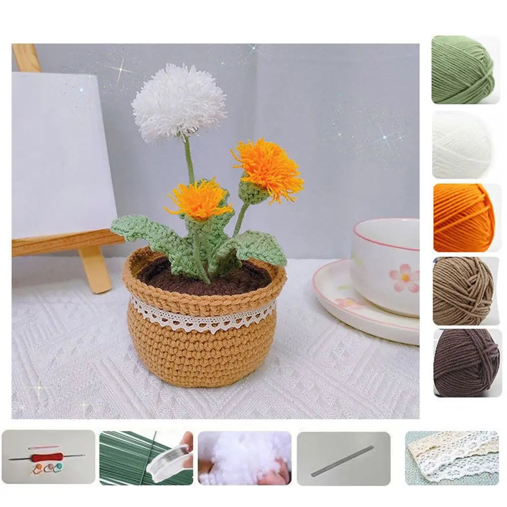 Handmade Crochet Sunflower Tulip Woven Non-finished products Potted Plants for Adults and Kids Crochet Starter Knitting Kit
