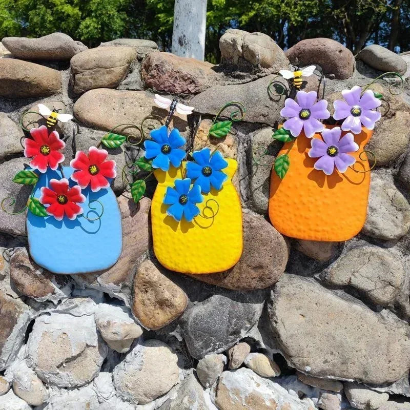 Metal Flower Wall Vase | Outdoor Fence Art & Patio Sculpture