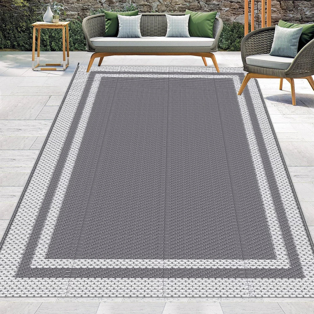 6x9 Outdoor Ground Mat with Pegs | Gray Grid Patio & Camping