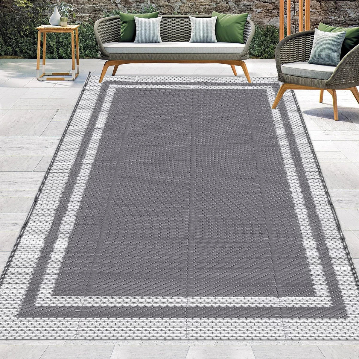 6x9 Outdoor Ground Mat with Pegs | Gray Grid Patio & Camping