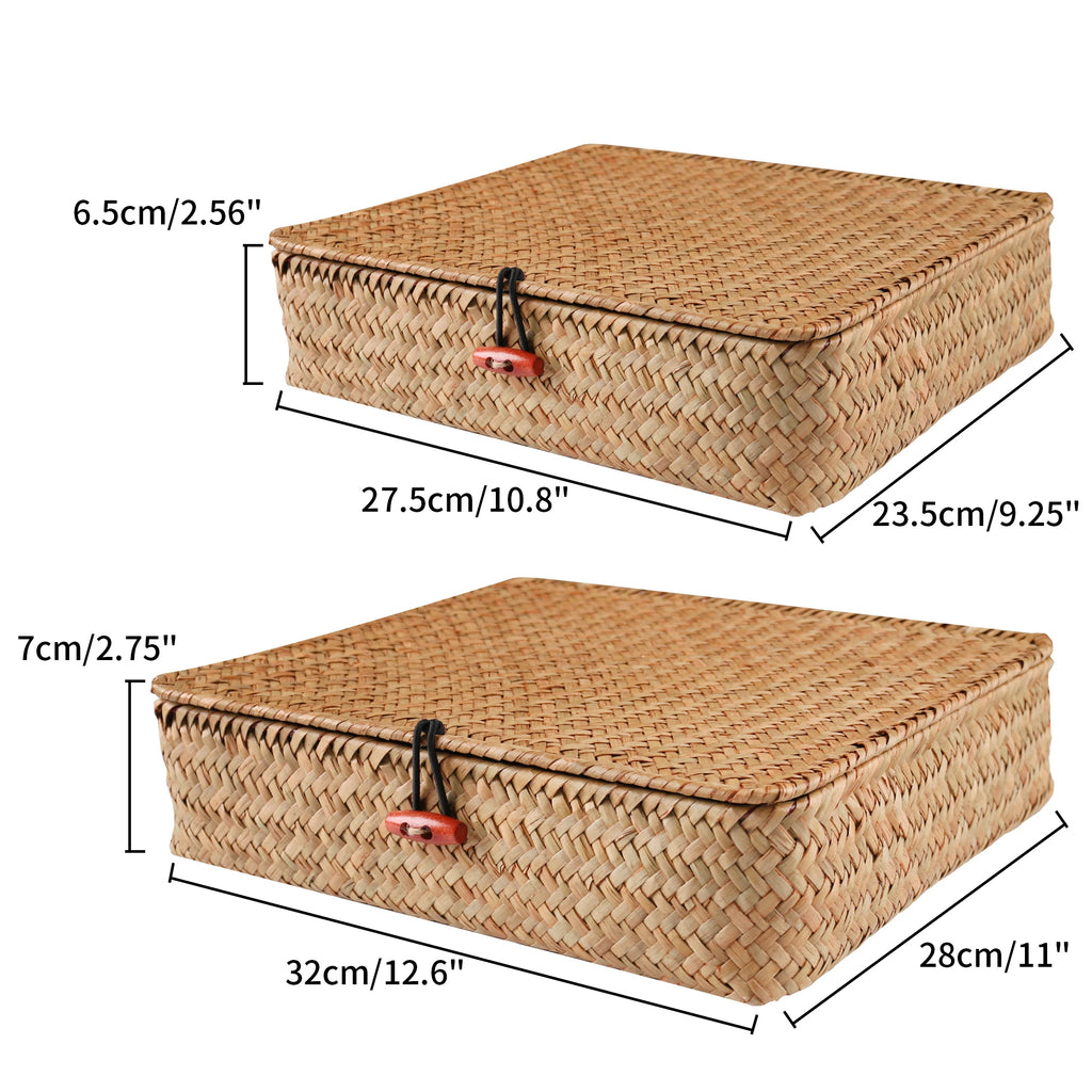 2 Pcs Seagrass Baskets with Lid Wicker Storage Basket Flat Rattan Storage Bins Woven Organizer Basket for Shelf, Closet, Bedroom