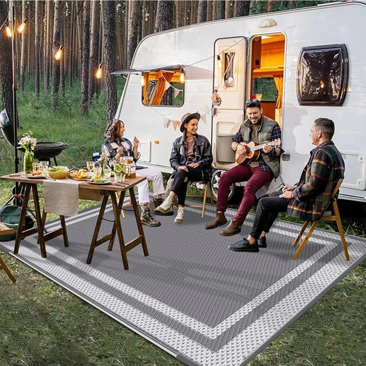 6x9 Outdoor Ground Mat with Pegs | Gray Grid Patio & Camping