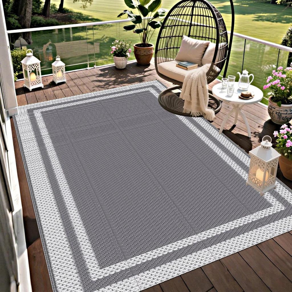 6x9 Outdoor Ground Mat with Pegs | Gray Grid Patio & Camping