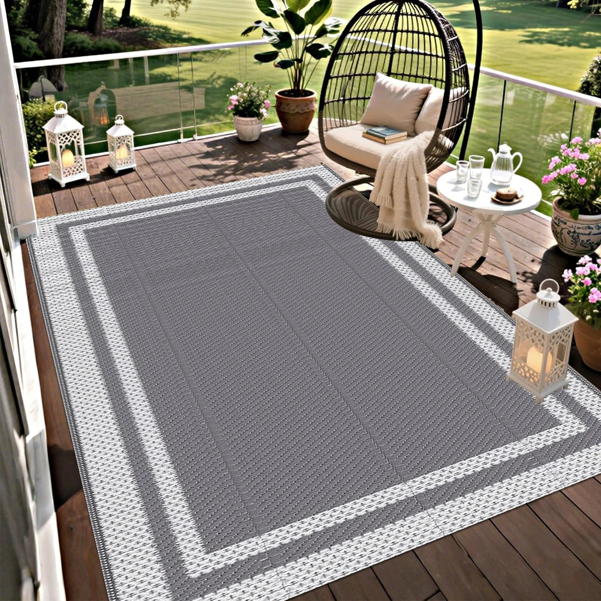 6x9 Outdoor Ground Mat with Pegs | Gray Grid Patio & Camping