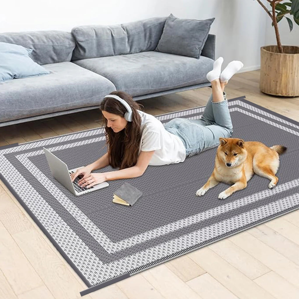 6x9 Outdoor Ground Mat with Pegs | Gray Grid Patio & Camping