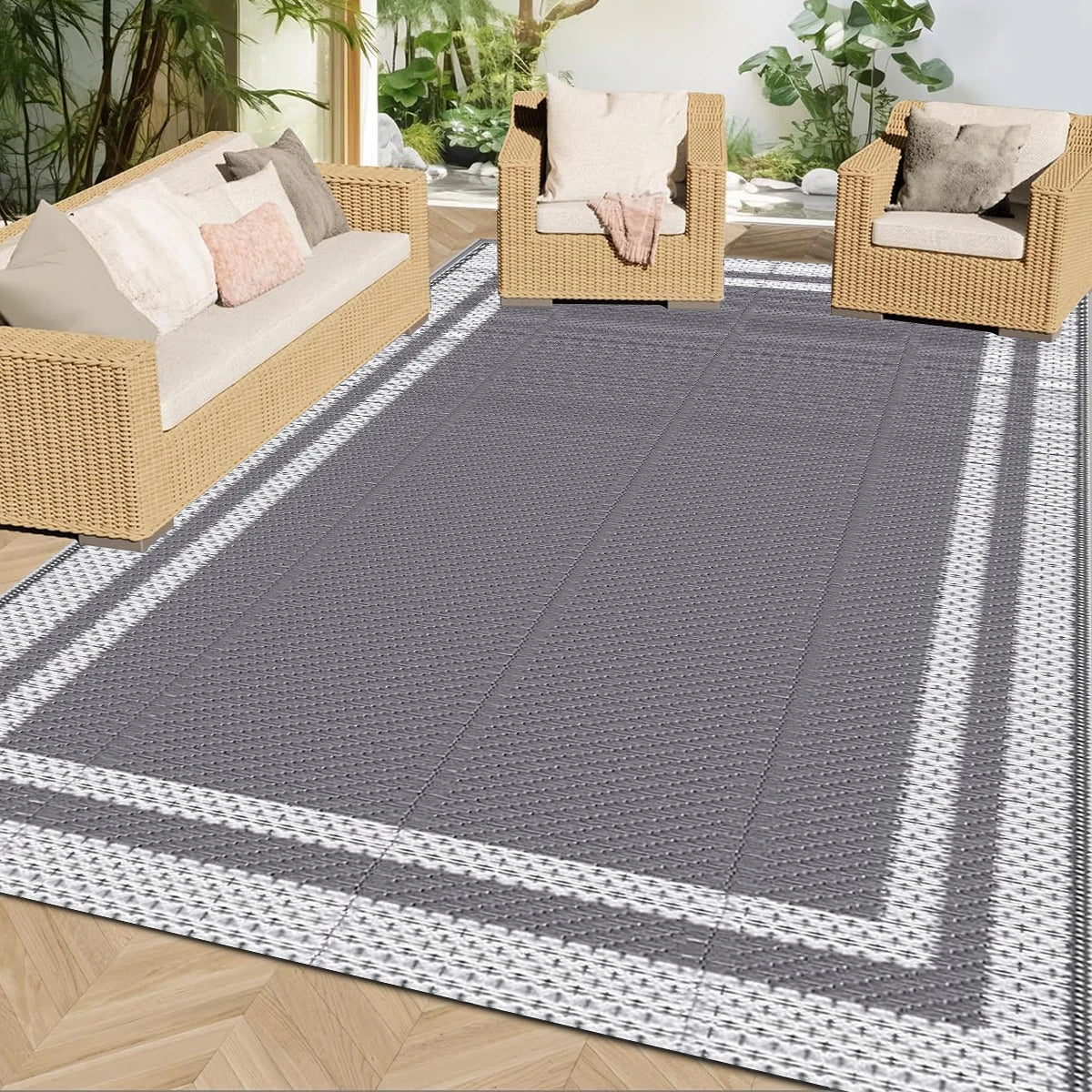 6x9 Outdoor Ground Mat with Pegs | Gray Grid Patio & Camping