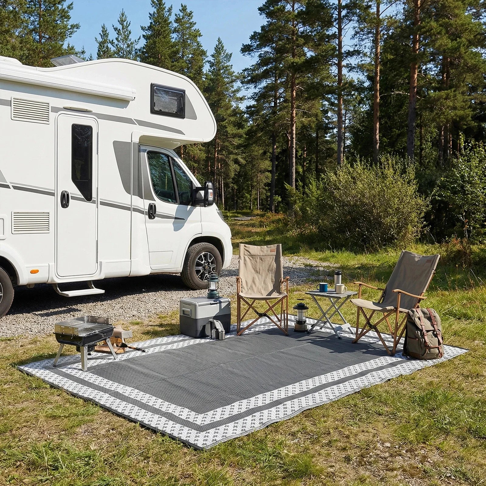 6x9 Outdoor Ground Mat with Pegs | Gray Grid Patio & Camping
