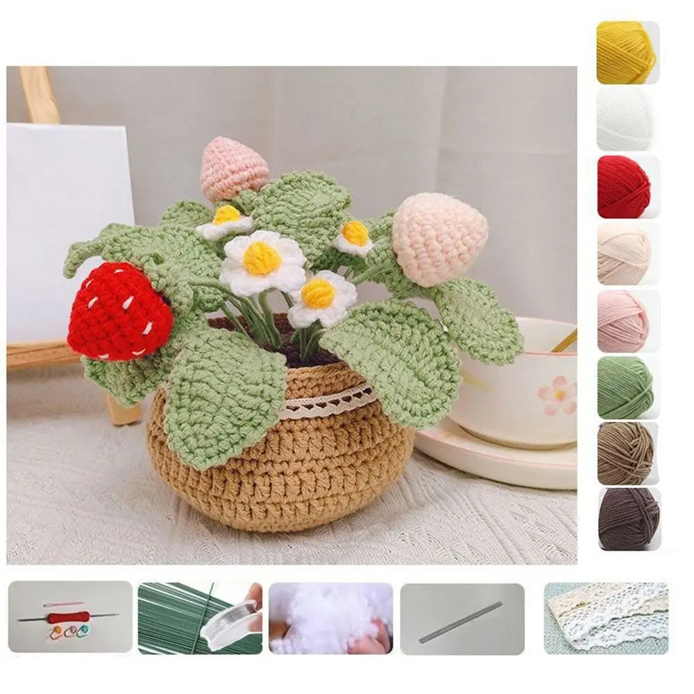 Handmade Crochet Sunflower Tulip Woven Non-finished products Potted Plants for Adults and Kids Crochet Starter Knitting Kit