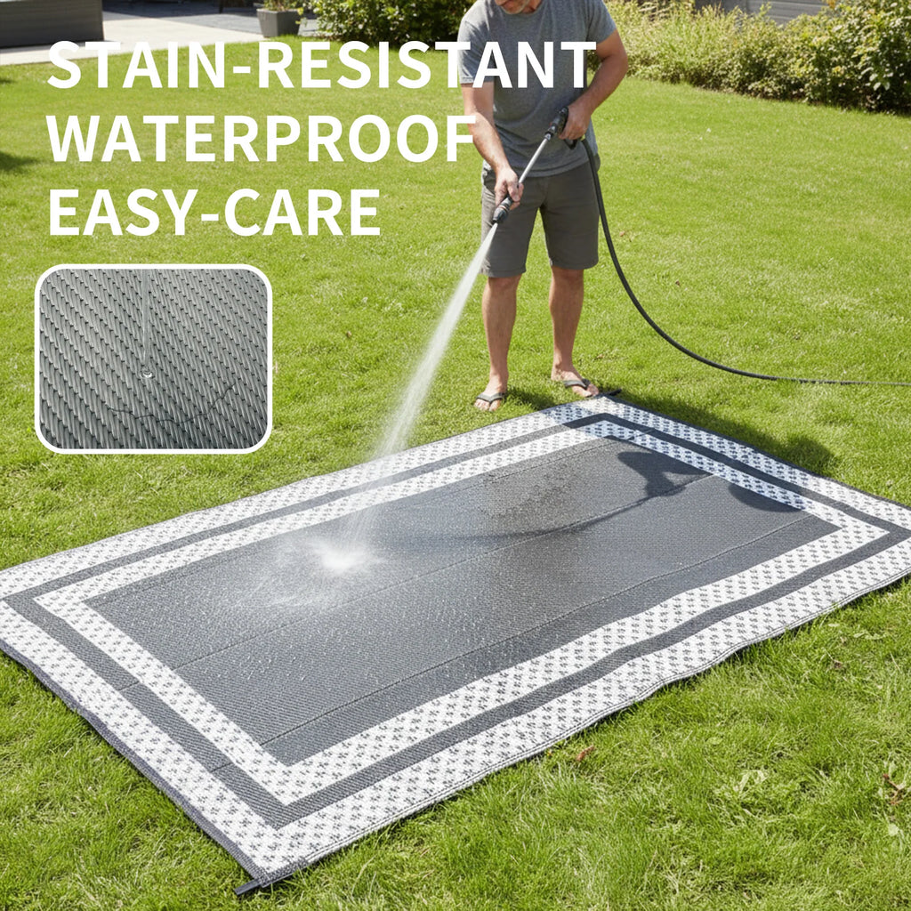 6x9 Outdoor Ground Mat with Pegs | Gray Grid Patio & Camping