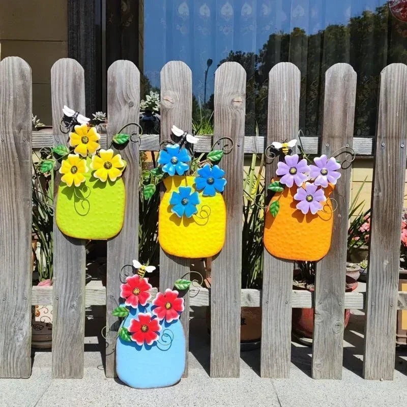 Metal Flower Wall Vase | Outdoor Fence Art & Patio Sculpture