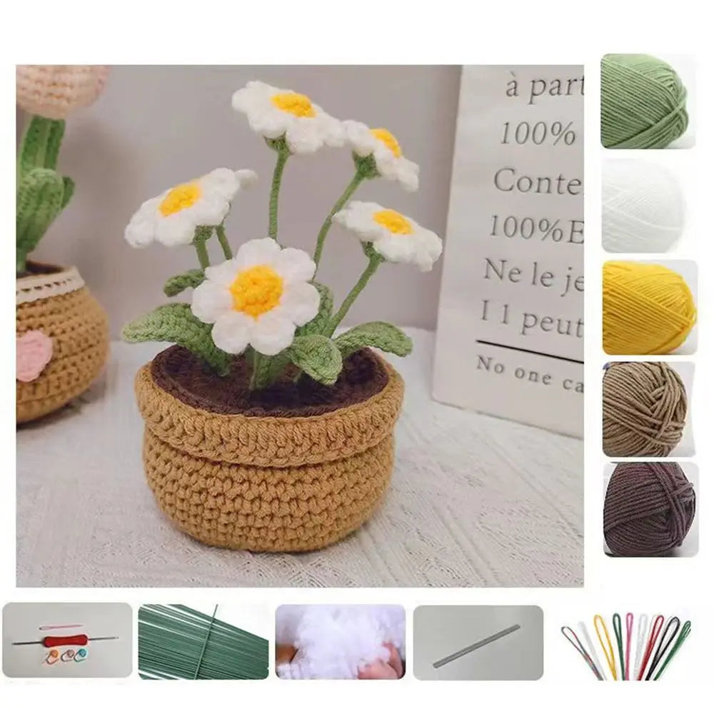Handmade Crochet Sunflower Tulip Woven Non-finished products Potted Plants for Adults and Kids Crochet Starter Knitting Kit