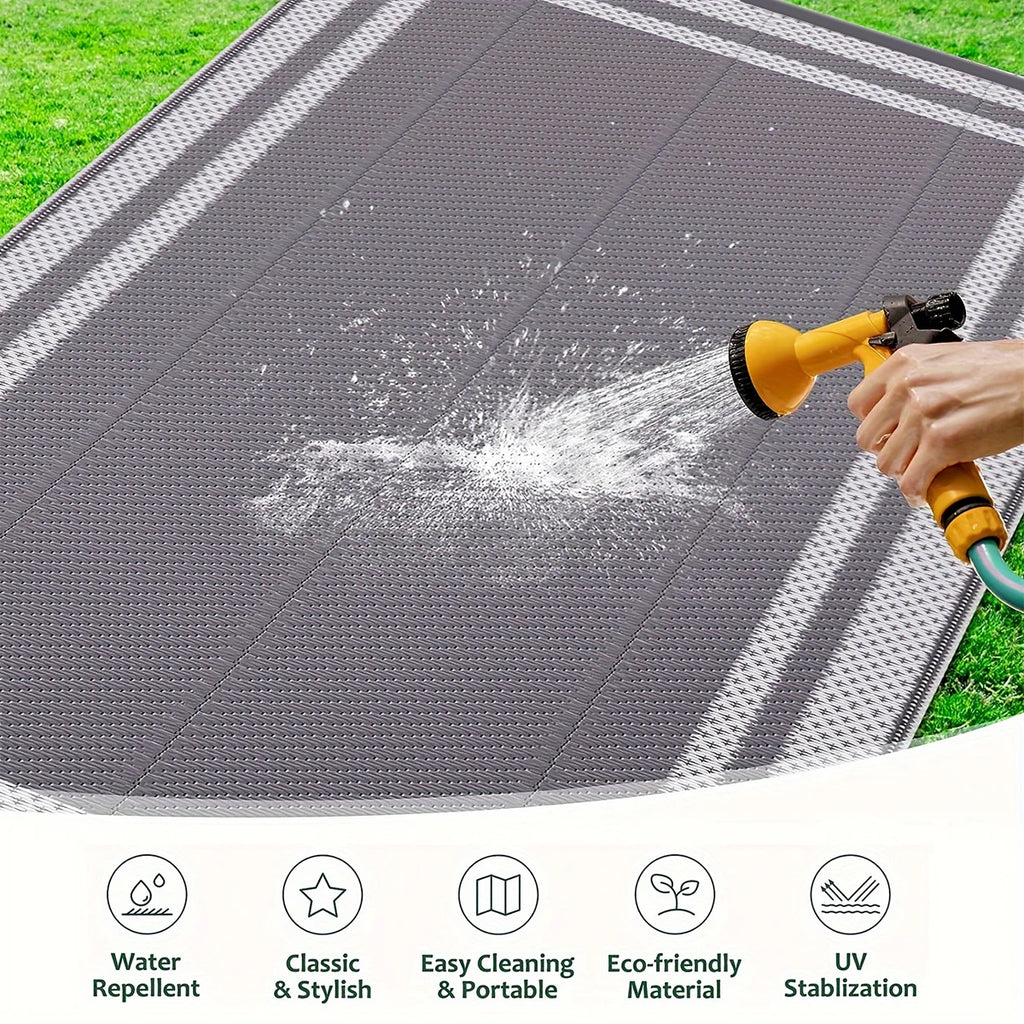 6x9 Outdoor Ground Mat with Pegs | Gray Grid Patio & Camping