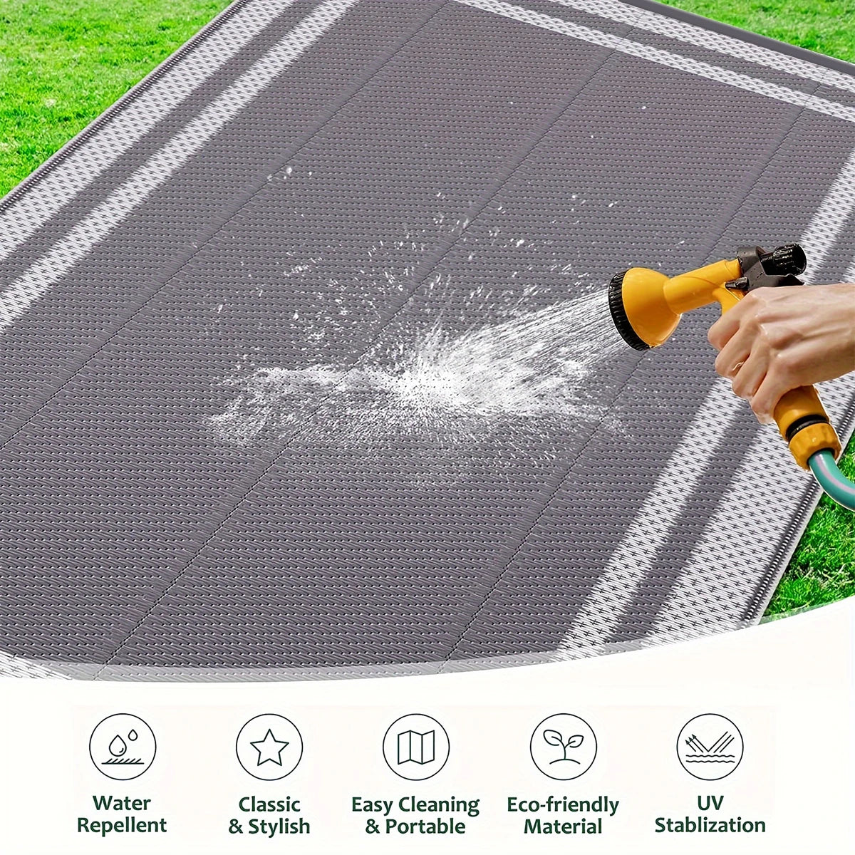 6x9 Outdoor Ground Mat with Pegs | Gray Grid Patio & Camping