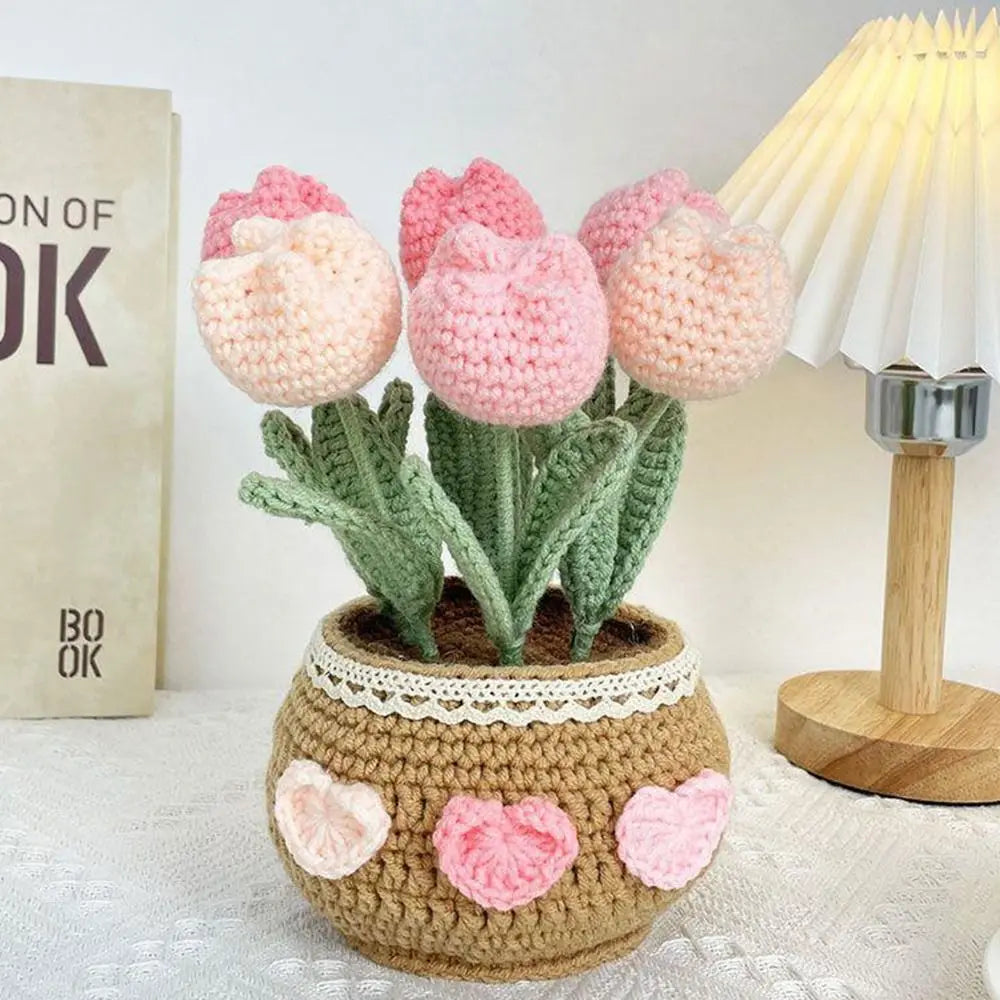 Handmade Crochet Sunflower Tulip Woven Non-finished products Potted Plants for Adults and Kids Crochet Starter Knitting Kit