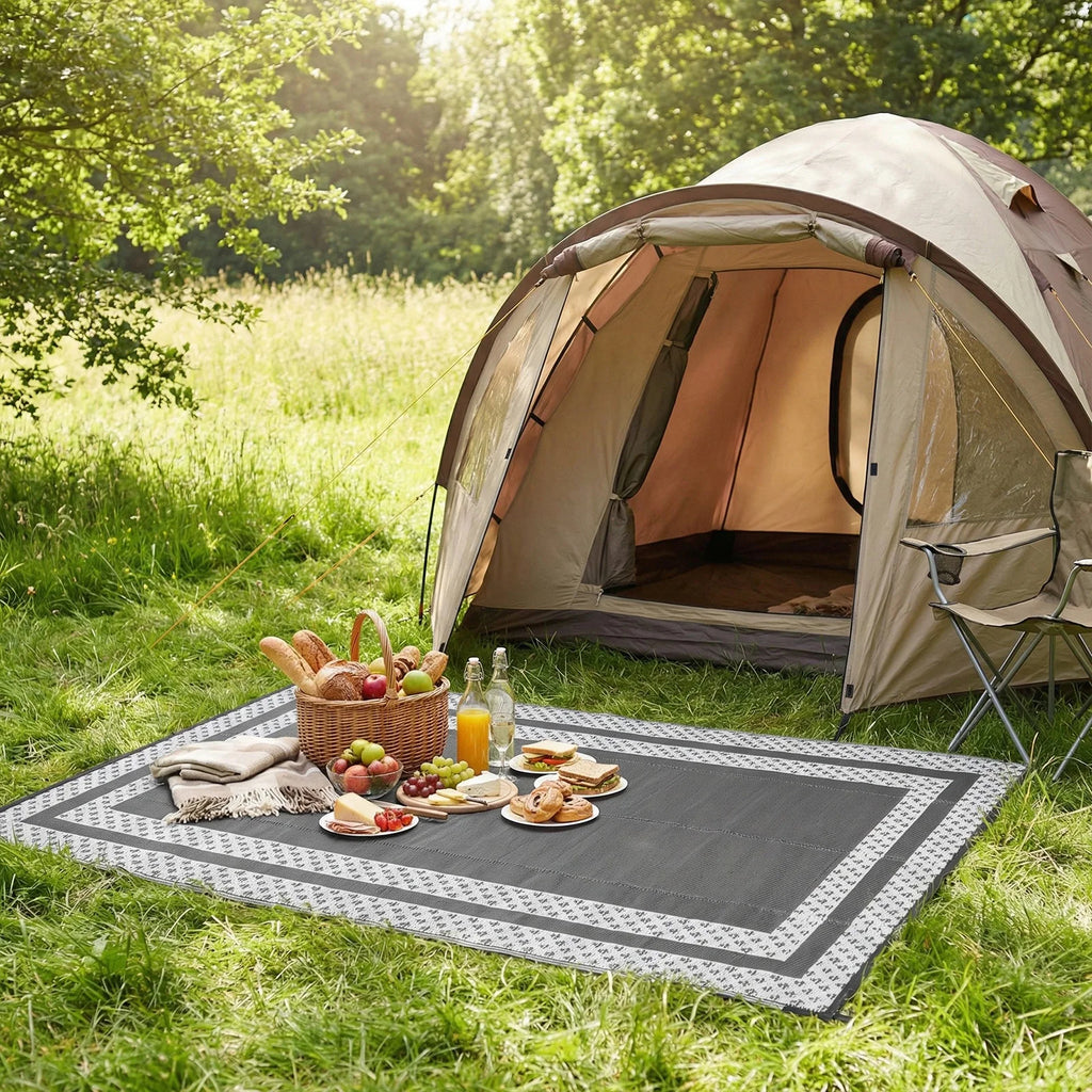 6x9 Outdoor Ground Mat with Pegs | Gray Grid Patio & Camping