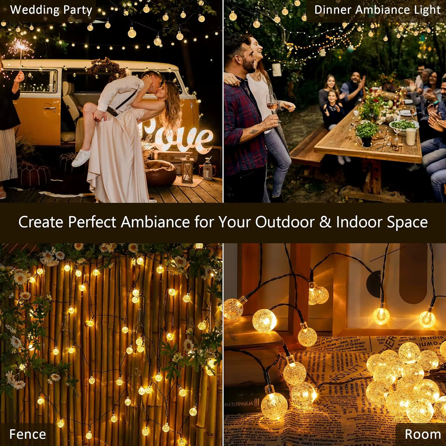 Solar Crystal Ball Fairy String Lights Outdoor Waterproof Hanging Light Warm Light Yard Patio Pathway Party Decorative Lighting