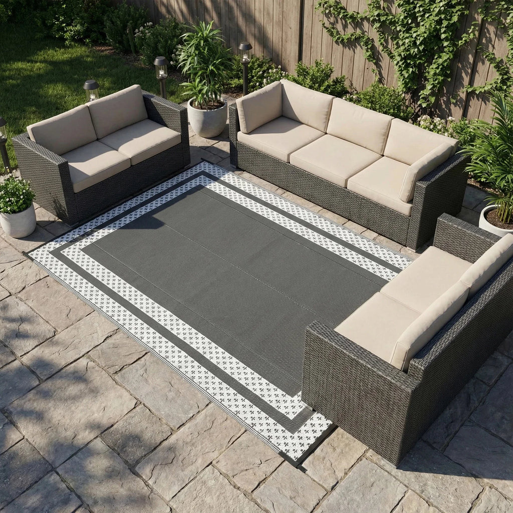 6x9 Outdoor Ground Mat with Pegs | Gray Grid Patio & Camping