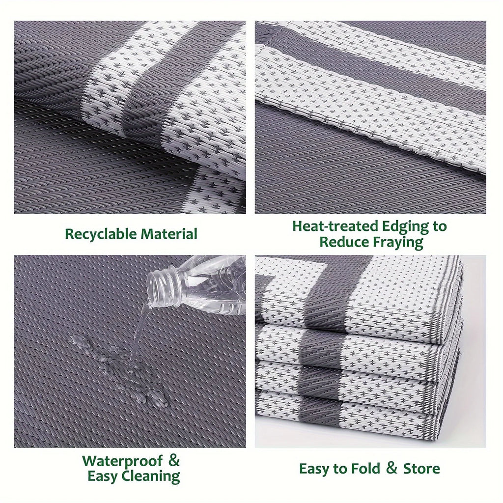 6x9 Outdoor Ground Mat with Pegs | Gray Grid Patio & Camping