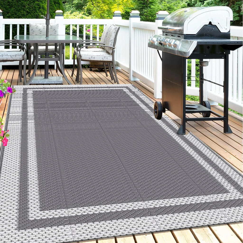 6x9 Outdoor Ground Mat with Pegs | Gray Grid Patio & Camping