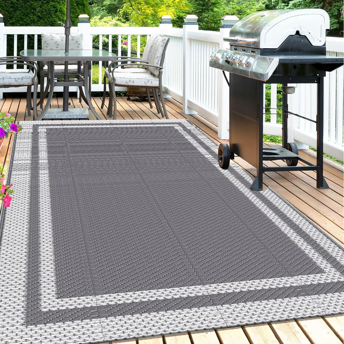 6x9 Outdoor Ground Mat with Pegs | Gray Grid Patio & Camping