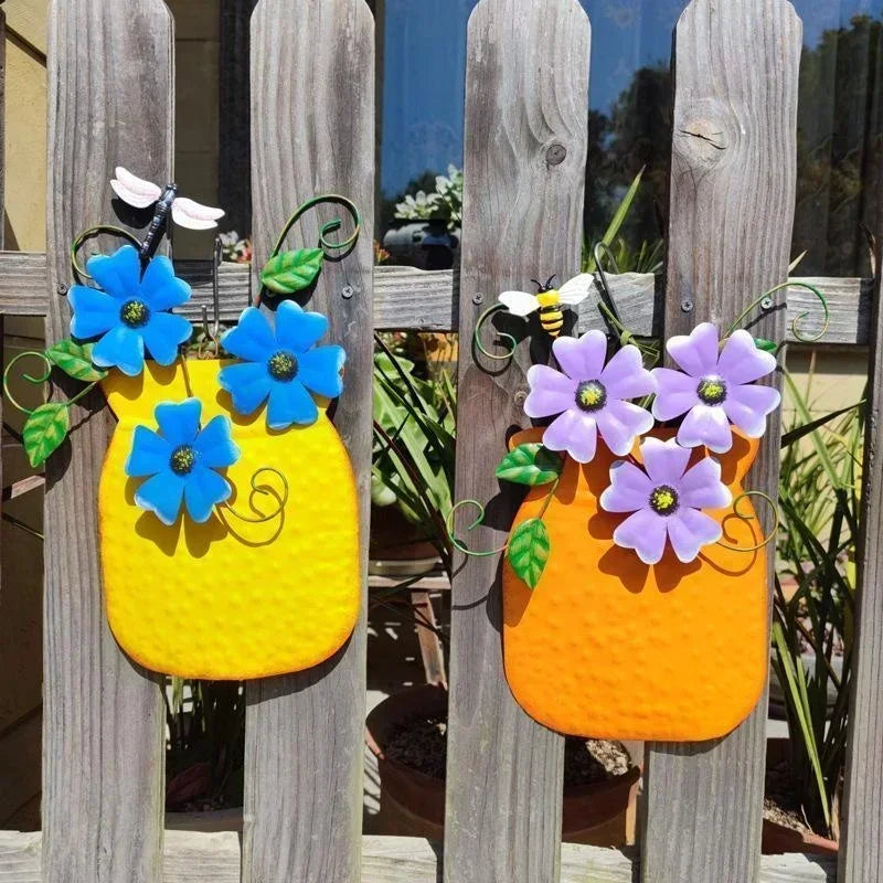 Metal Flower Wall Vase | Outdoor Fence Art & Patio Sculpture