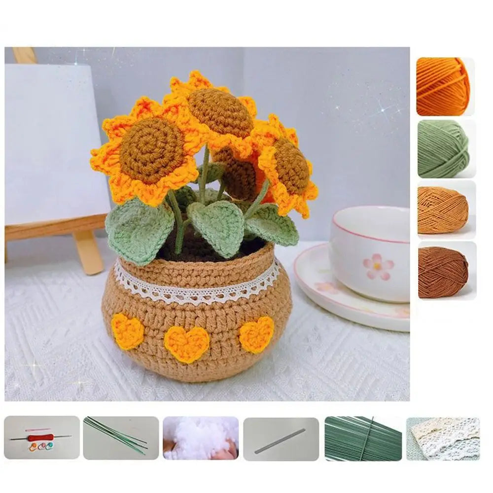 Handmade Crochet Sunflower Tulip Woven Non-finished products Potted Plants for Adults and Kids Crochet Starter Knitting Kit