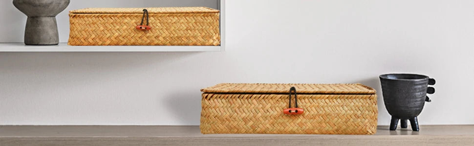 2 Pcs Seagrass Baskets with Lid Wicker Storage Basket Flat Rattan Storage Bins Woven Organizer Basket for Shelf, Closet, Bedroom