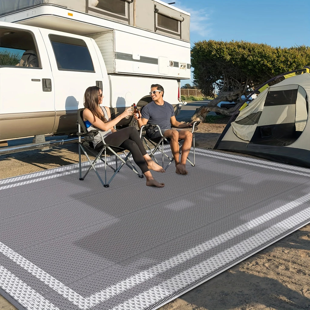 6x9 Outdoor Ground Mat with Pegs | Gray Grid Patio & Camping