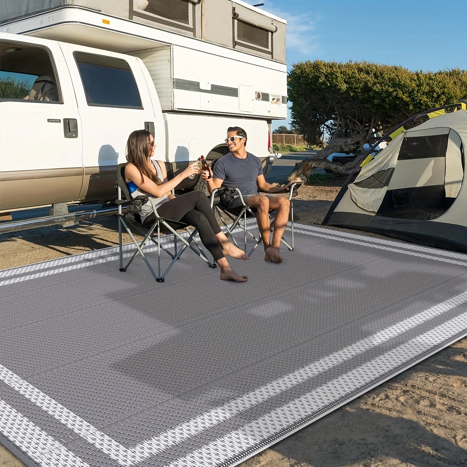 6x9 Outdoor Ground Mat with Pegs | Gray Grid Patio & Camping