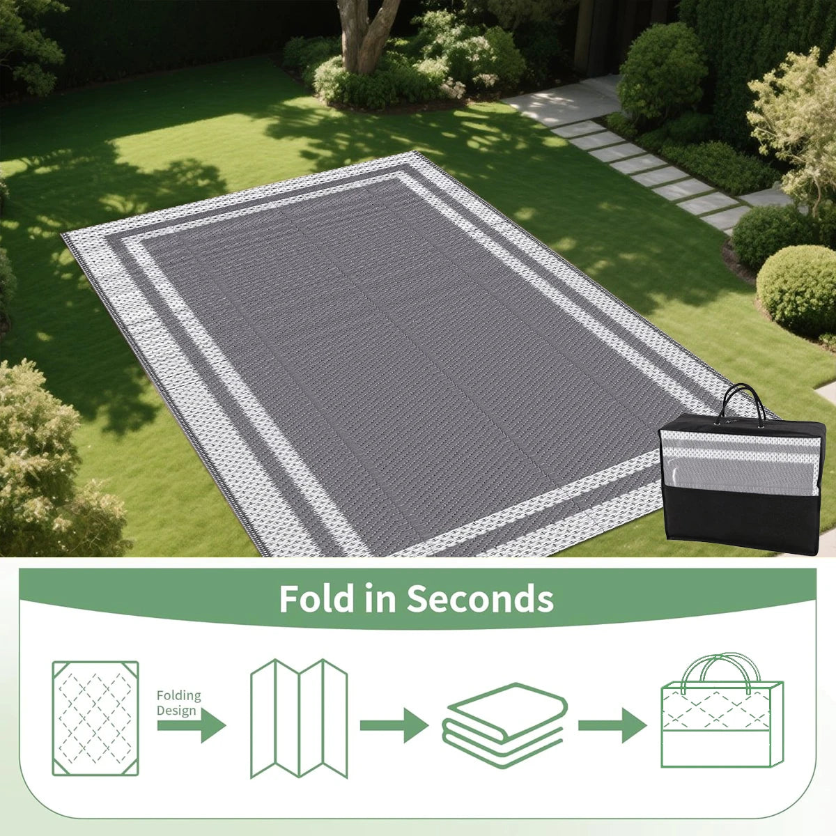 6x9 Outdoor Ground Mat with Pegs | Gray Grid Patio & Camping