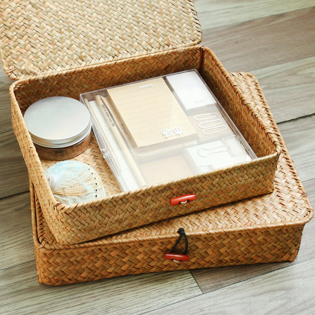 2 Pcs Seagrass Baskets with Lid Wicker Storage Basket Flat Rattan Storage Bins Woven Organizer Basket for Shelf, Closet, Bedroom