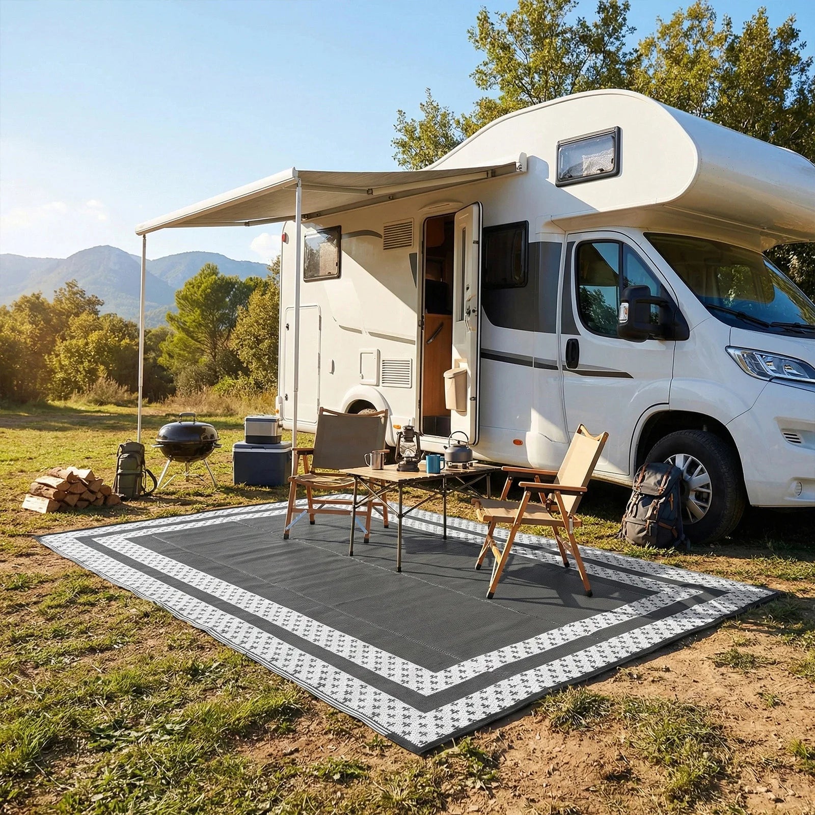6x9 Outdoor Ground Mat with Pegs | Gray Grid Patio & Camping