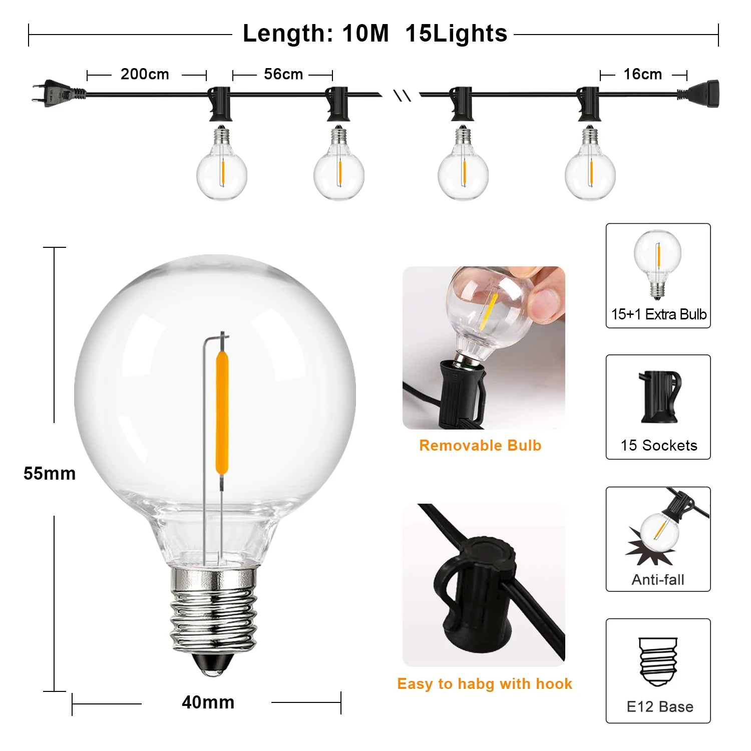 G40 Outdoor Garland String Lights Shatterproof Waterproof Plastic Led Bulb Vintage Connectable Patry Patio Decor Light Chain