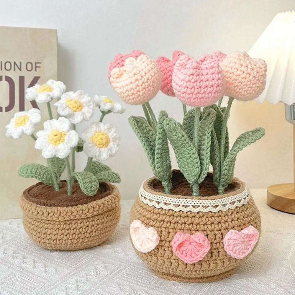 Handmade Crochet Sunflower Tulip Woven Non-finished products Potted Plants for Adults and Kids Crochet Starter Knitting Kit