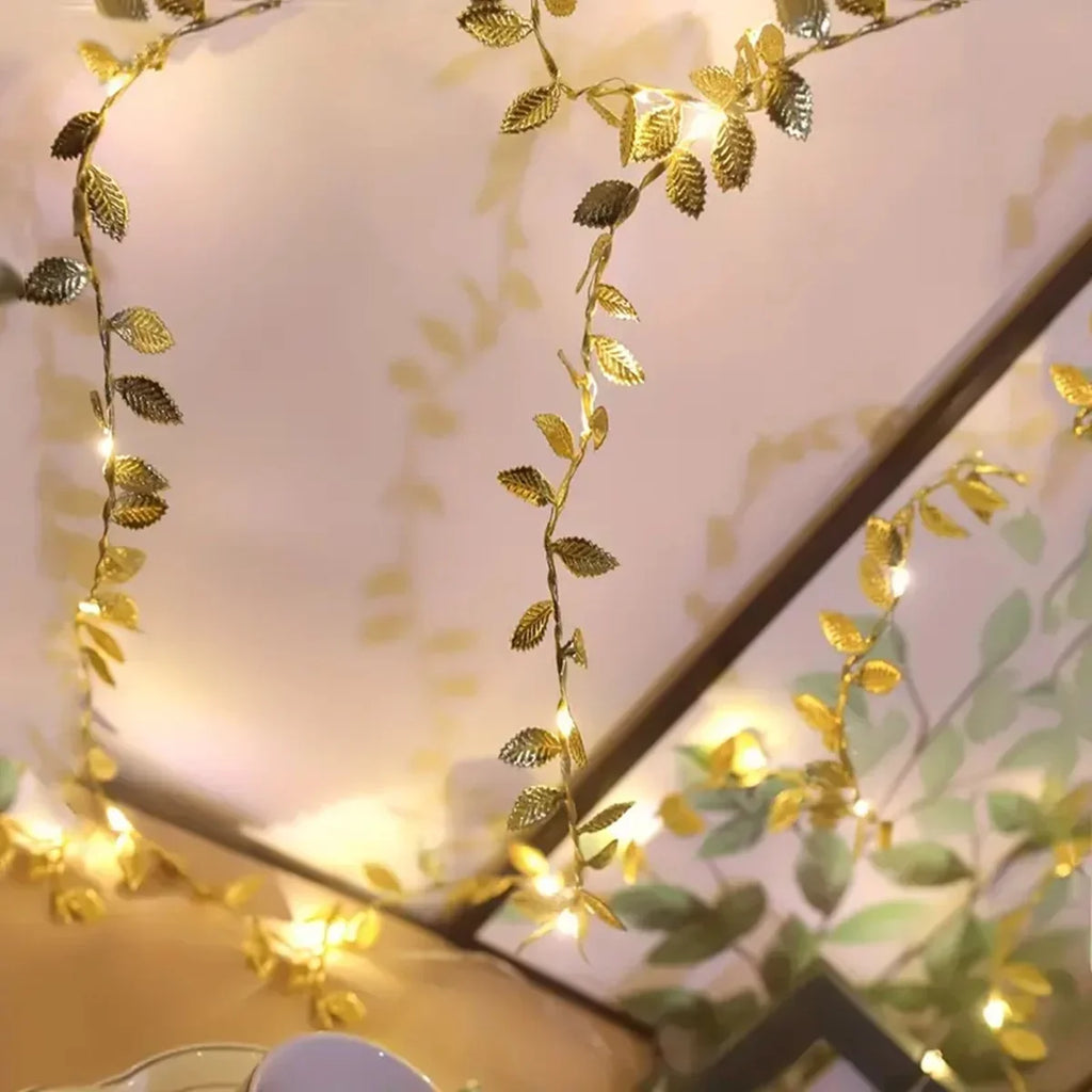 20LED Golden Tiny Leaves Copper Wire String Lights Battery Powered Fairy Lights for Home Wedding Party Christmas DIY Decoration