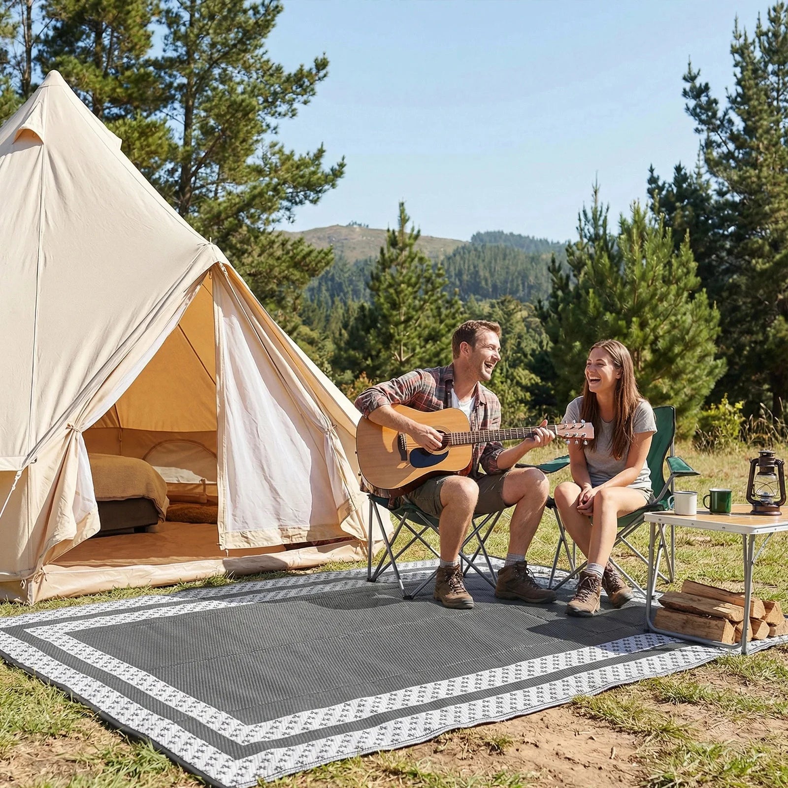 6x9 Outdoor Ground Mat with Pegs | Gray Grid Patio & Camping