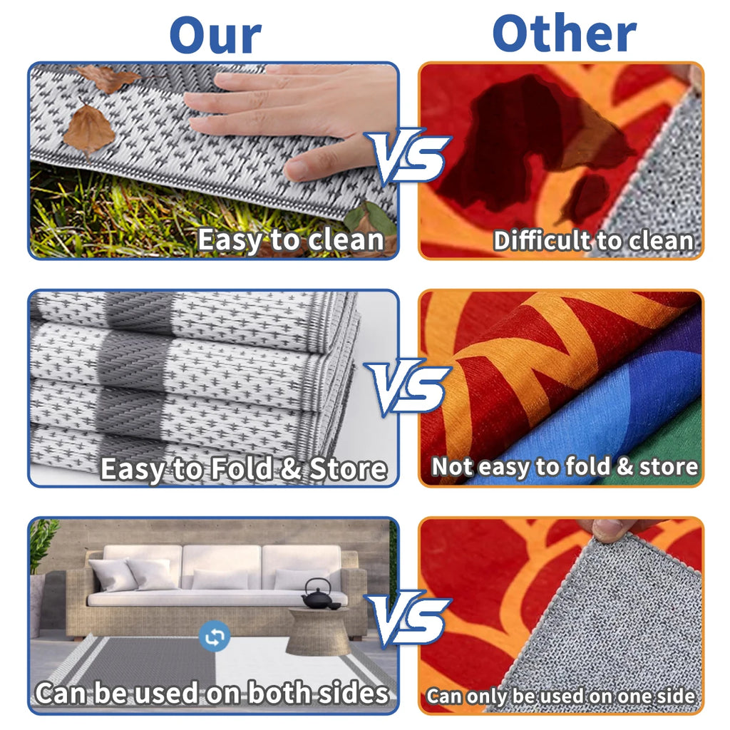6x9 Outdoor Ground Mat with Pegs | Gray Grid Patio & Camping