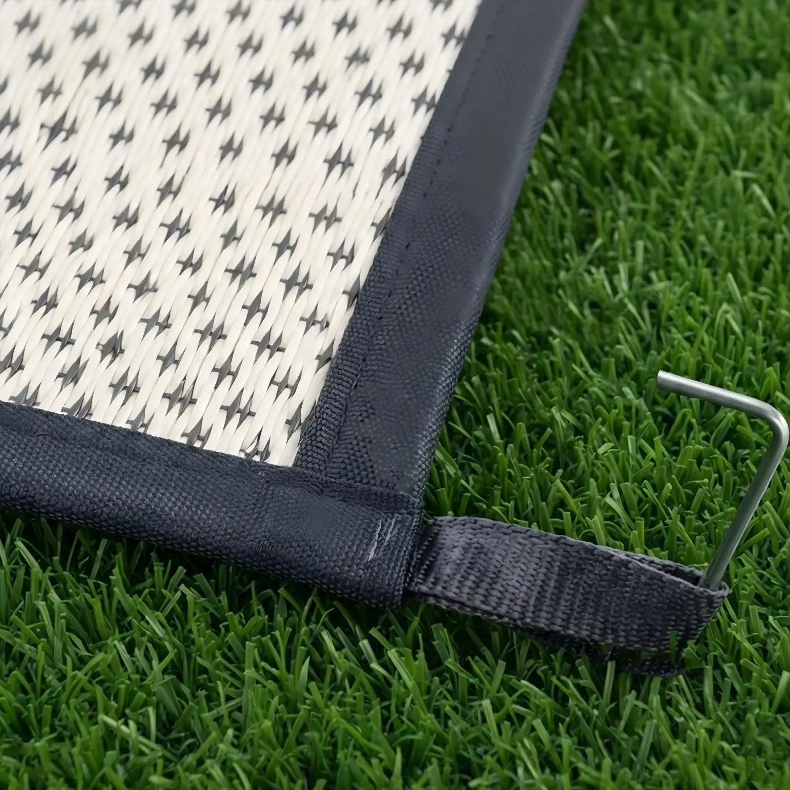 6x9 Outdoor Ground Mat with Pegs | Gray Grid Patio & Camping