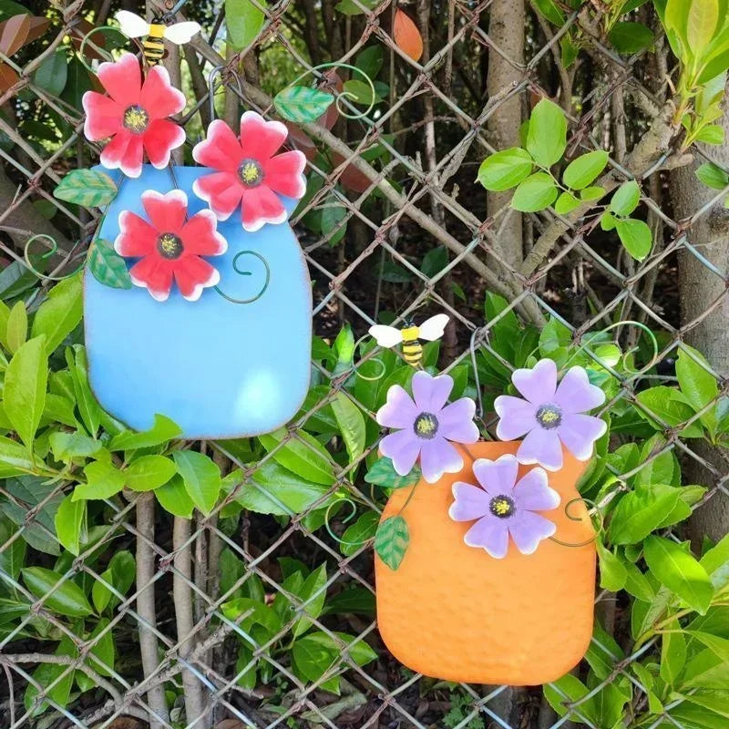 Metal Flower Wall Vase | Outdoor Fence Art & Patio Sculpture