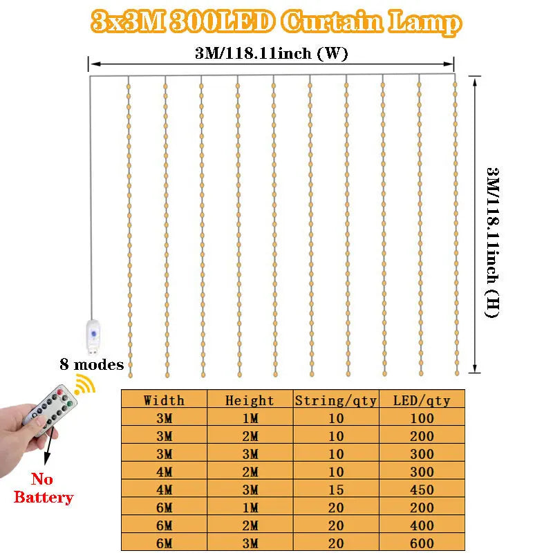 Curtain LED String Lights, Fairy Garland, USB Festoon, Remote Control, Christmas Decoration for Bedroom, Home, 3 M, 4 m, 6m