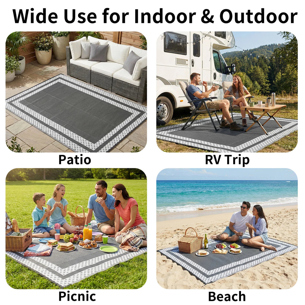 6x9 Outdoor Ground Mat with Pegs | Gray Grid Patio & Camping