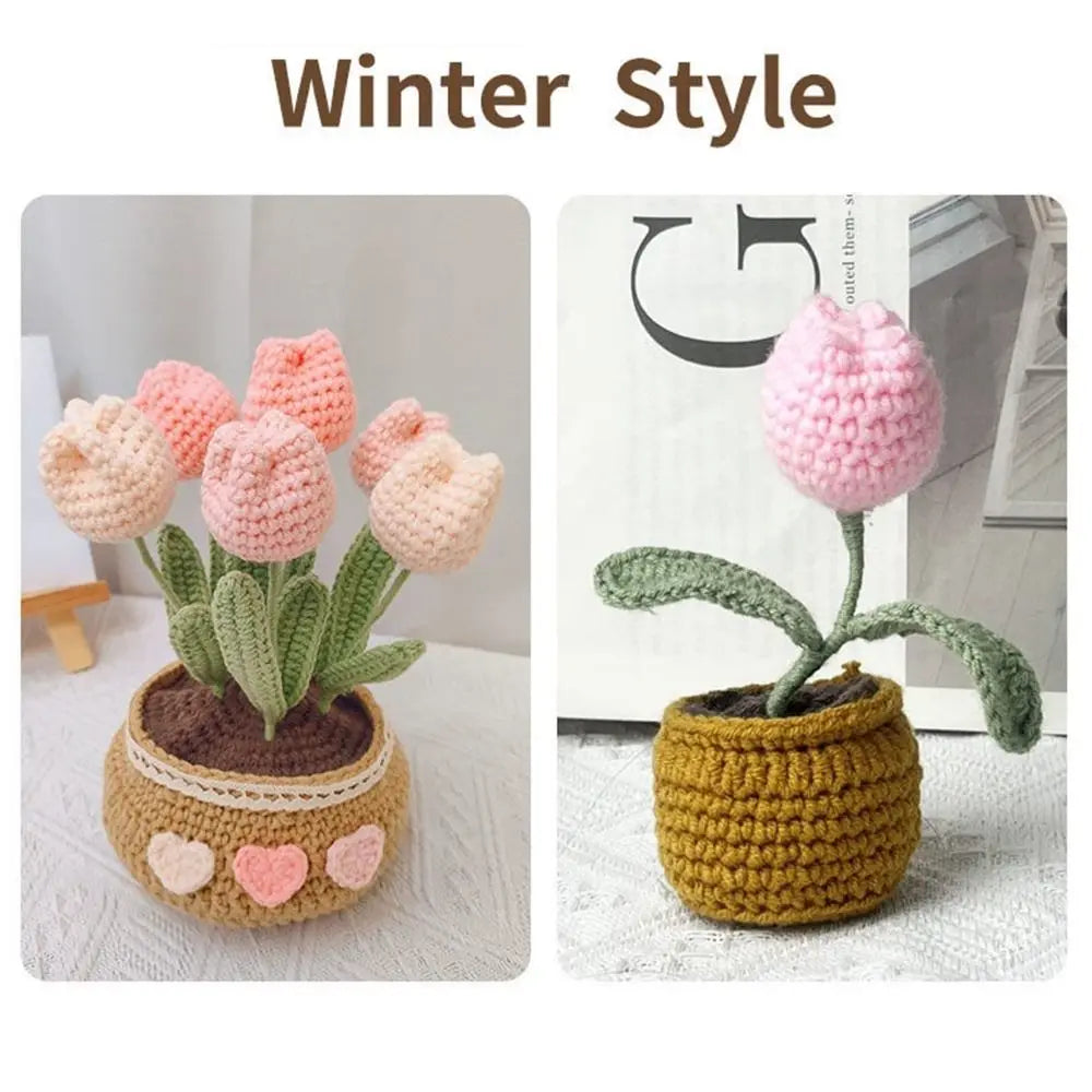 Handmade Crochet Sunflower Tulip Woven Non-finished products Potted Plants for Adults and Kids Crochet Starter Knitting Kit