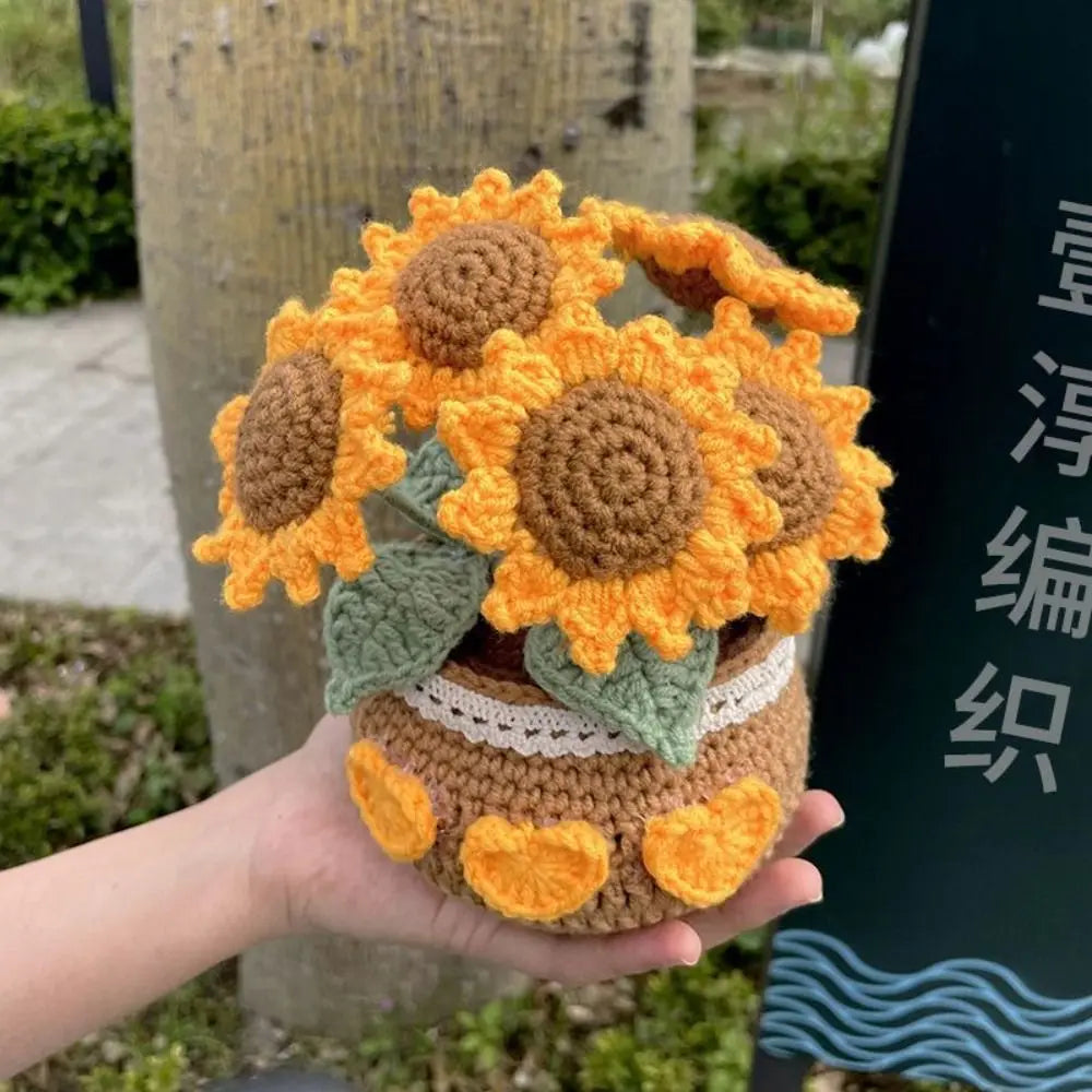 Handmade Crochet Sunflower Tulip Woven Non-finished products Potted Plants for Adults and Kids Crochet Starter Knitting Kit