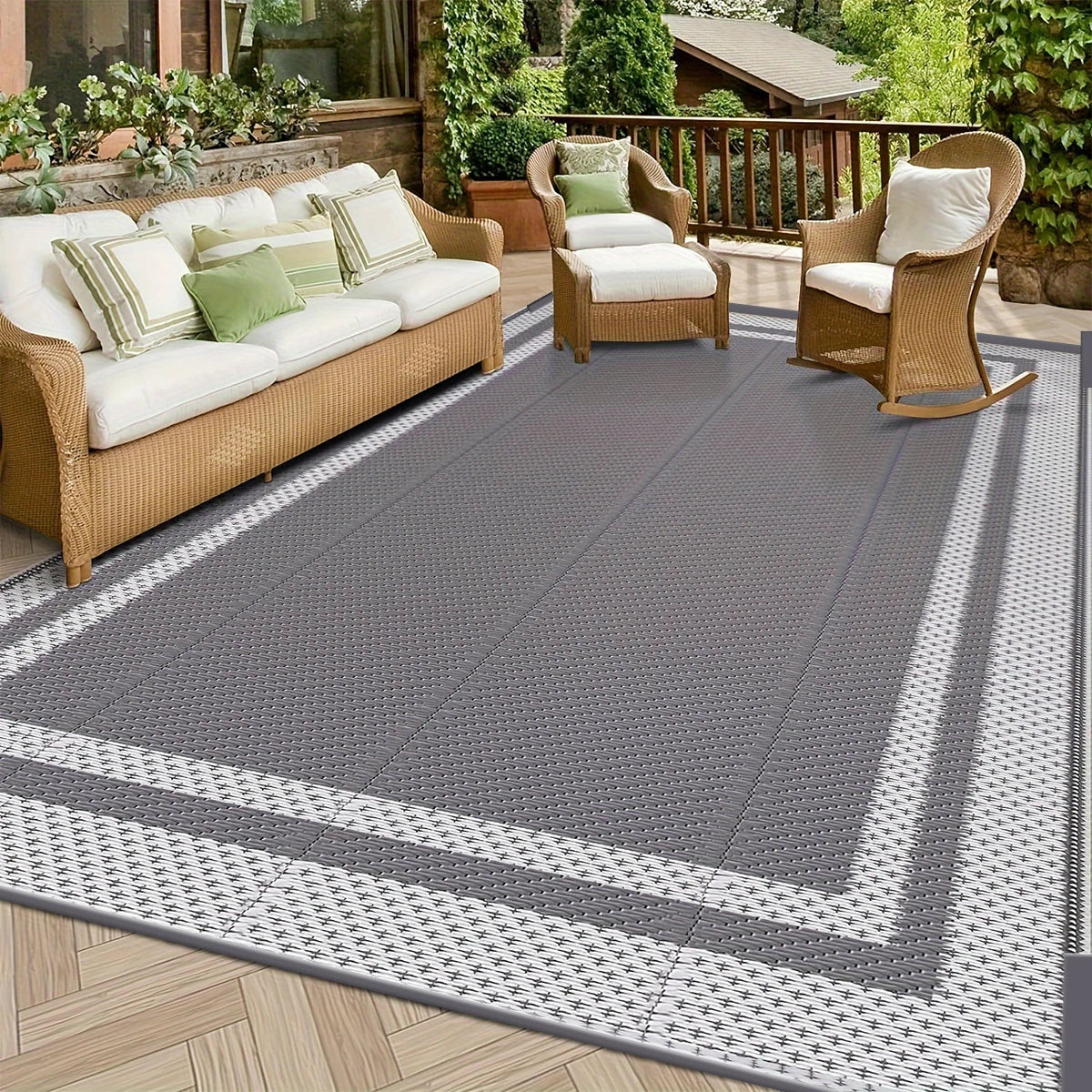 6x9 Outdoor Ground Mat with Pegs | Gray Grid Patio & Camping