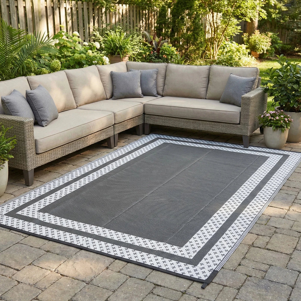 6x9 Outdoor Ground Mat with Pegs | Gray Grid Patio & Camping