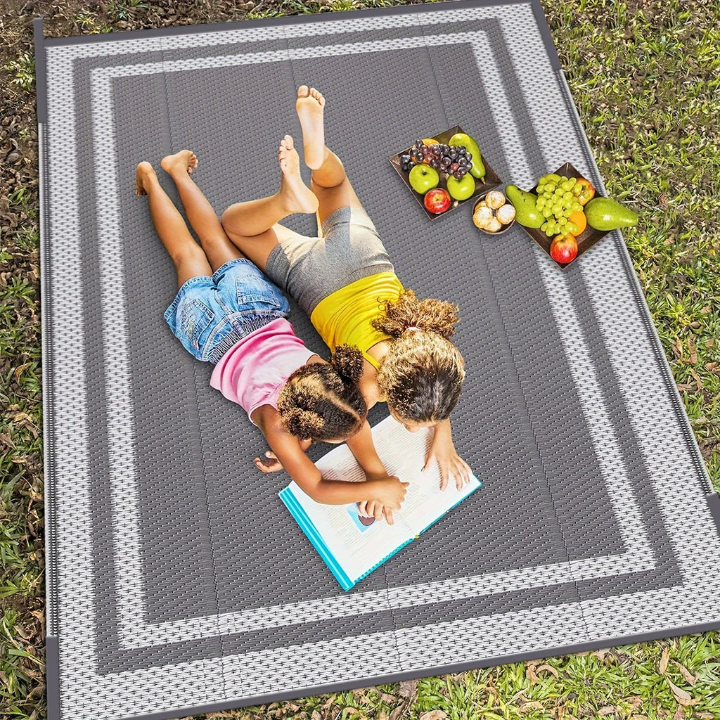 6x9 Outdoor Ground Mat with Pegs | Gray Grid Patio & Camping