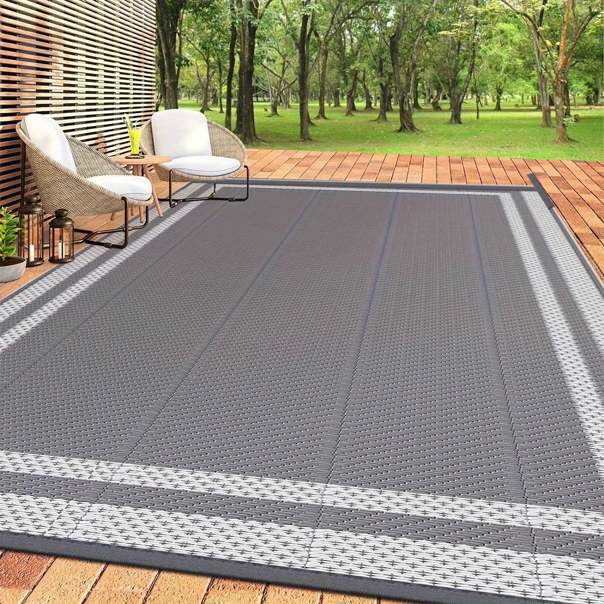 6x9 Outdoor Ground Mat with Pegs | Gray Grid Patio & Camping